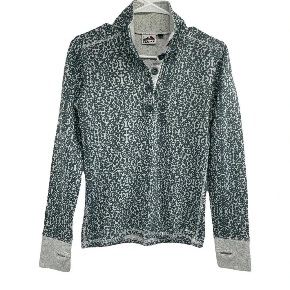 Kavu Women's Size S Lopez Long Sleeve Mock Neck Shirt Top Thumb Holes Button - Picture 3 of 11